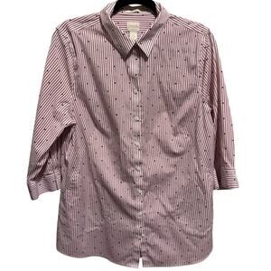 Chico's Red White Blue Polka Dots No Iron Button Up Collar Tunic Shirt Sz 2 (l)